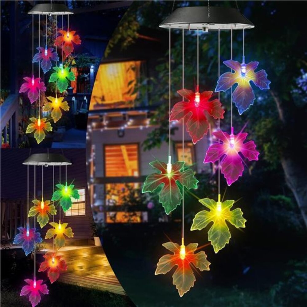Toodour Solar Wind Chimes, Color Changing Maple Leaf Wind Chime, LED Mobile